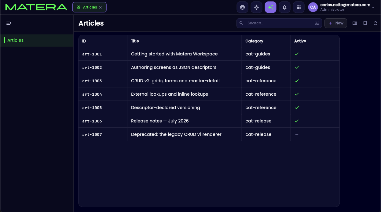The Articles CRUD grid screen rendered by the JSON descriptor