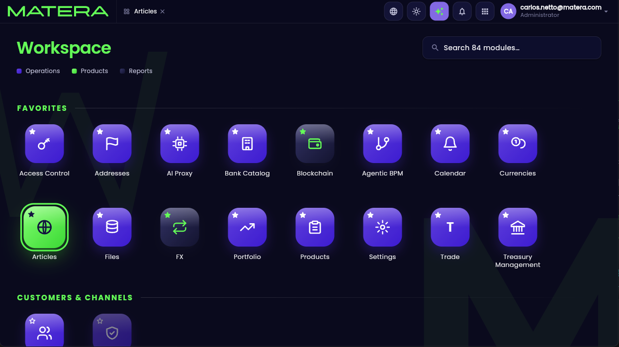 Matera Workspace Launchpad showing the newly registered Articles app tile